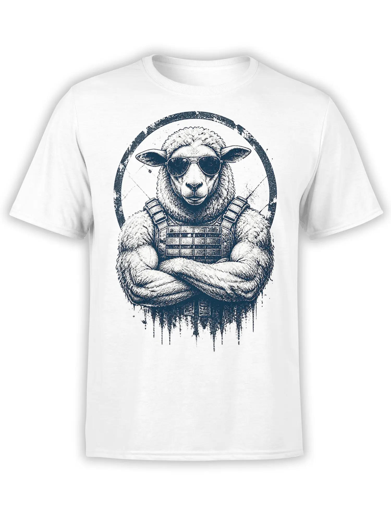White sheep T-shirt with sunglasses, crossed arms, and a distressed navy tactical-style graphic