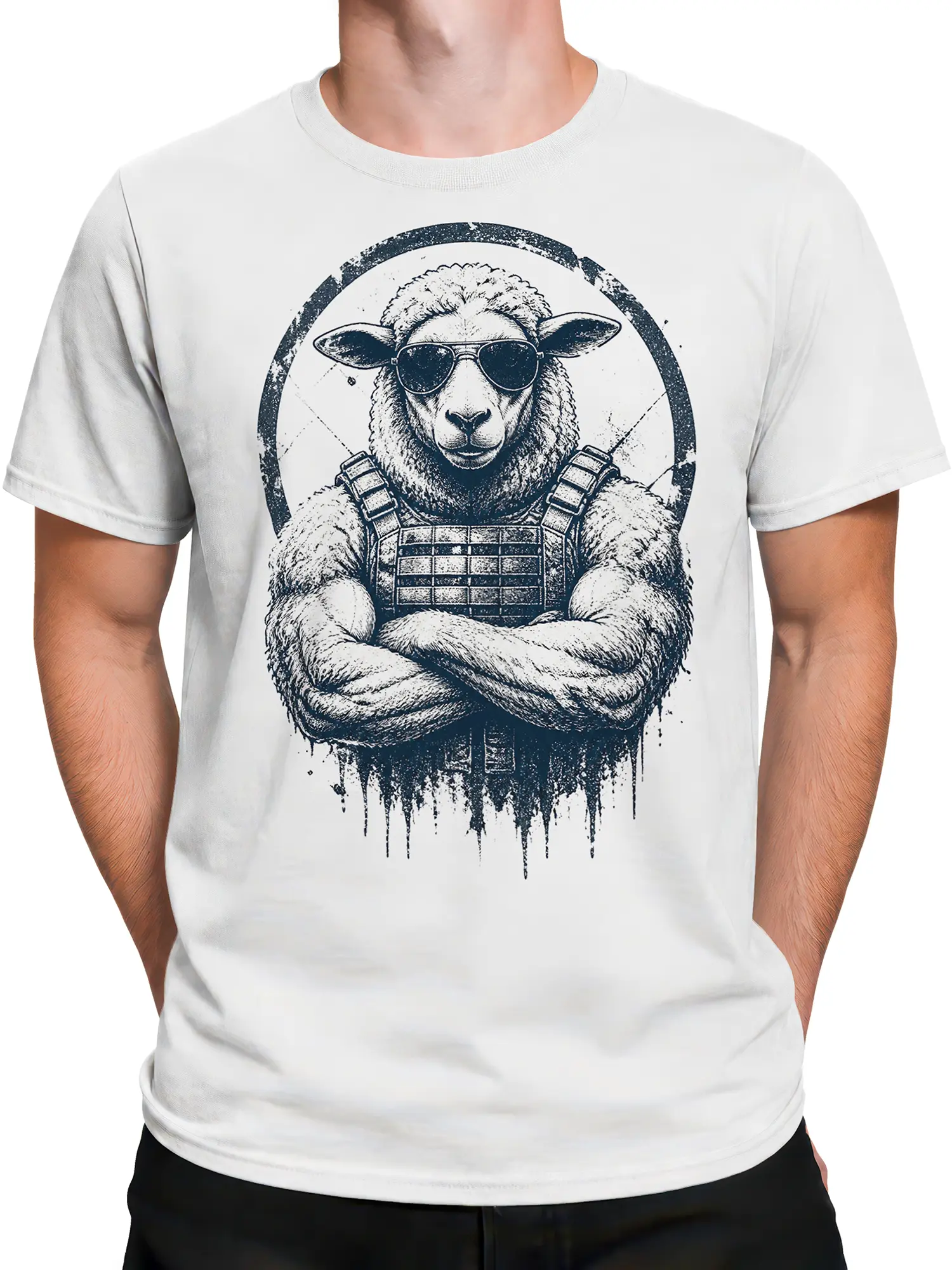 Male torso wearing a white sheep T-shirt with a bold distressed navy sunglasses graphic