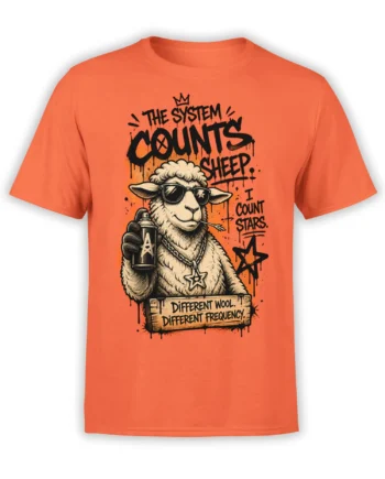 Orange sheep T-shirt with sunglasses, spray paint can, crown, stars, and the message “The System Counts Sheep”