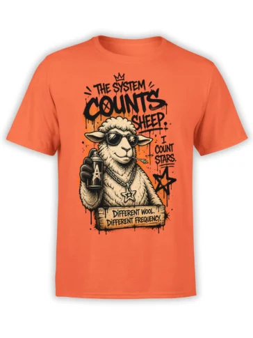 Orange sheep T-shirt with sunglasses, spray paint can, crown, stars, and the message “The System Counts Sheep”