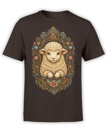 Ornate woolly sheep with colorful floral details printed on a brown T-shirt