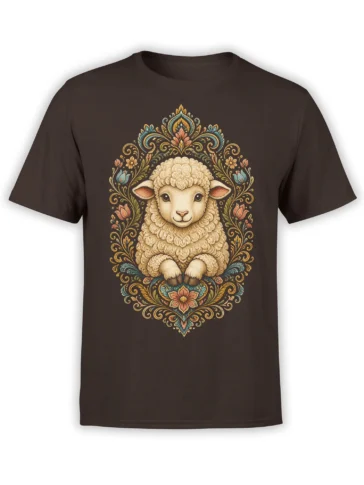 Ornate woolly sheep with colorful floral details printed on a brown T-shirt
