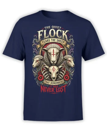 Gothic sheep flock design with a skull, red flowers, and haunting text on a navy T-shirt