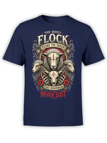 Gothic sheep flock design with a skull, red flowers, and haunting text on a navy T-shirt
