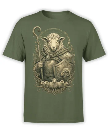 Olive green sheep warrior T-shirt with armor, staff, ram shield, and flock in vintage-style artwork