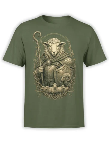 Olive green sheep warrior T-shirt with armor, staff, ram shield, and flock in vintage-style artwork