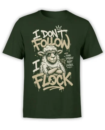 Rebellious crowned sheep graphic with sunglasses, pipe, and bold cream lettering on a dark green T-shirt