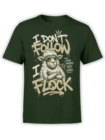 Rebellious crowned sheep graphic with sunglasses, pipe, and bold cream lettering on a dark green T-shirt