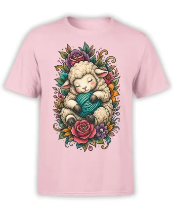 Pink T-shirt with a sleepy sheep hugging turquoise yarn, surrounded by colorful flowers and green leaves