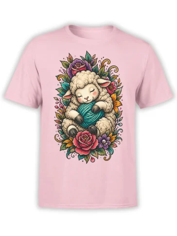 Pink T-shirt with a sleepy sheep hugging turquoise yarn, surrounded by colorful flowers and green leaves