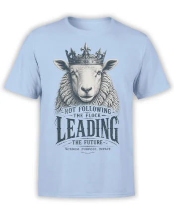 Front view of a light blue T-shirt with a crowned sheep and “Leading the Future” vintage lettering