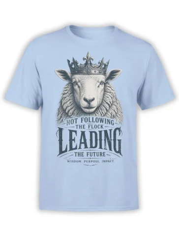 Front view of a light blue T-shirt with a crowned sheep and “Leading the Future” vintage lettering