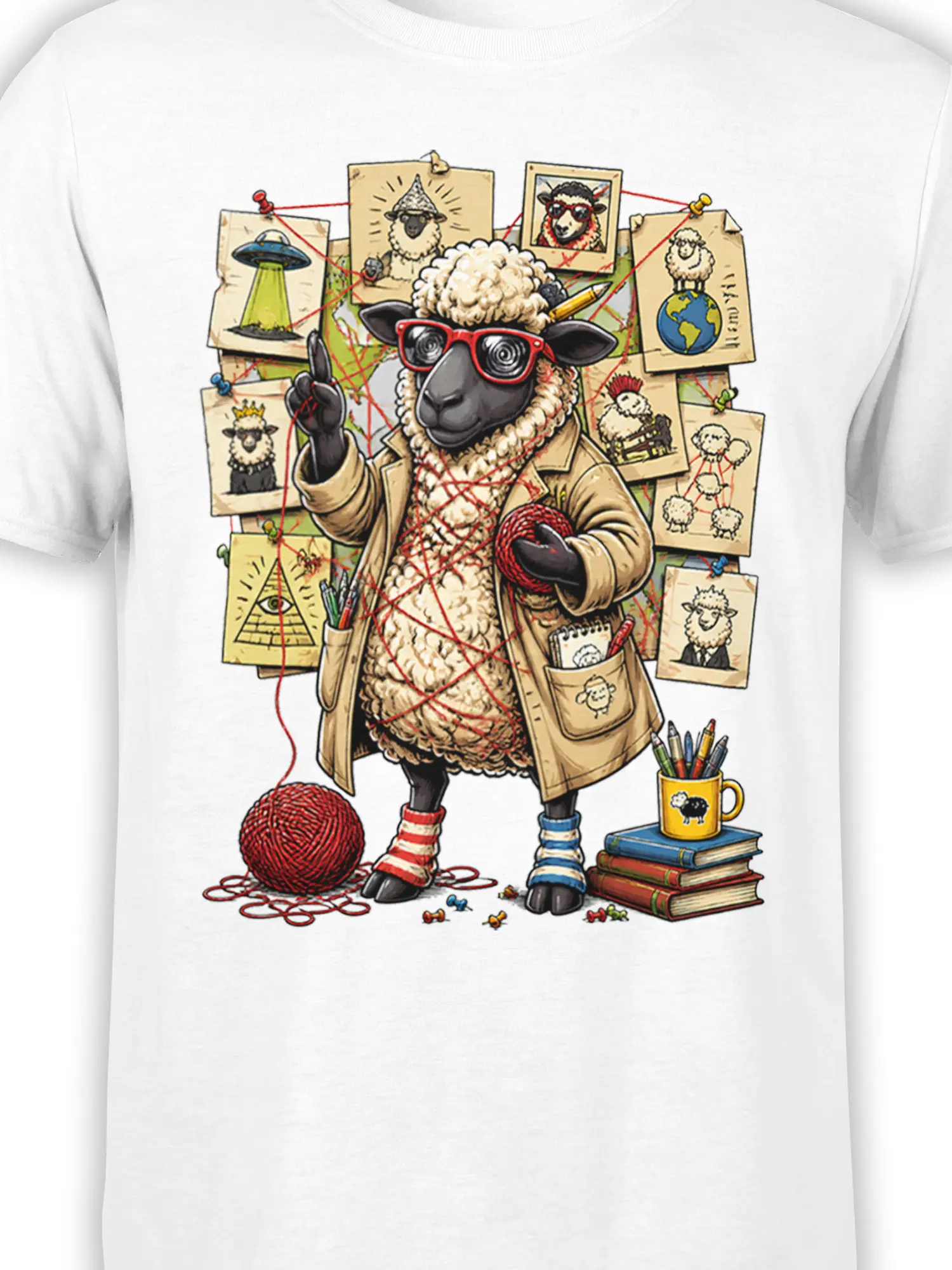 Close-up of the sheep investigator graphic with red glasses, yarn, red string, UFO, pyramid, and pinned sketches
