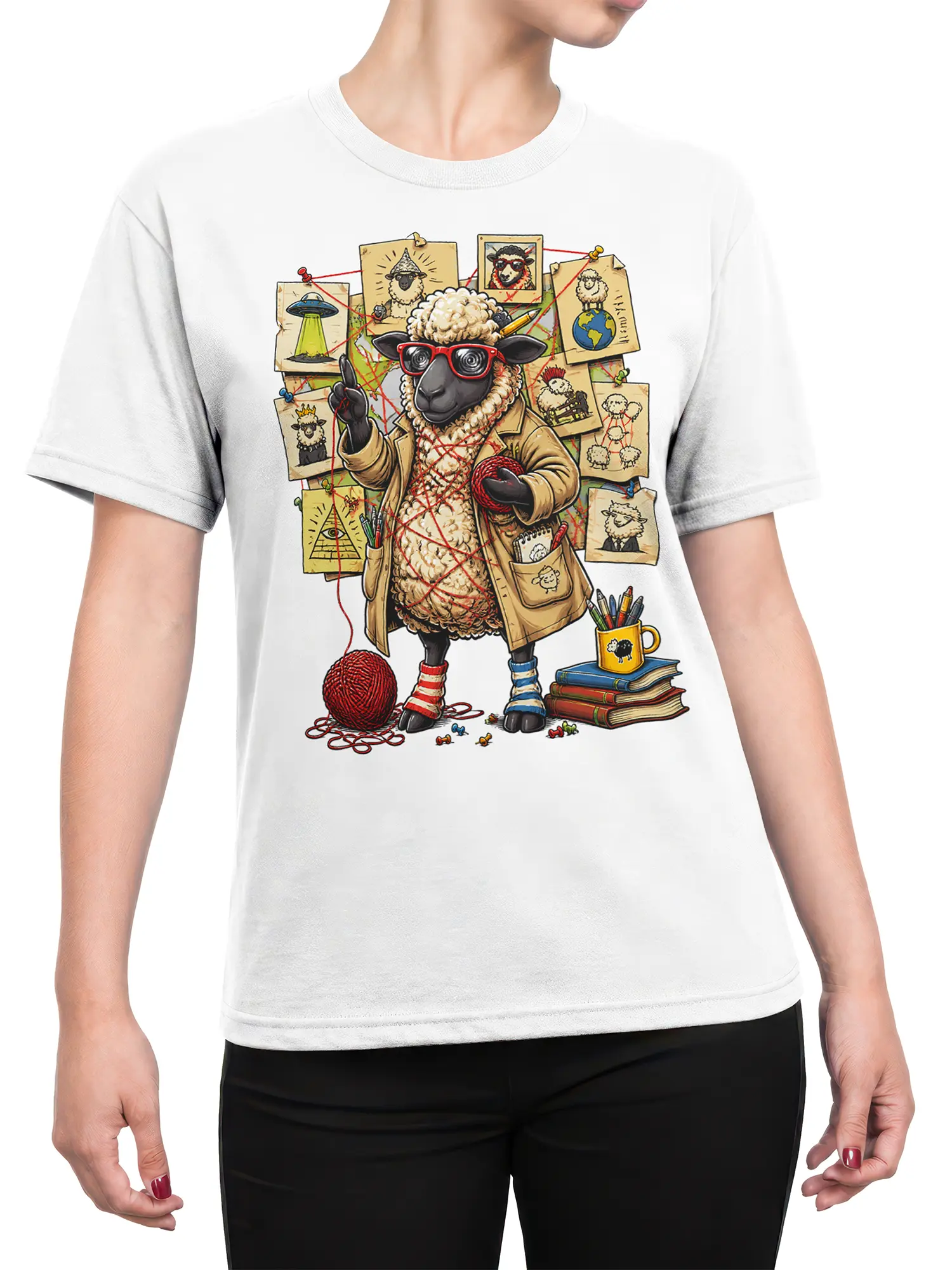 Female torso wearing a white sheep investigator T-shirt with red glasses, yarn, clue cards, and vintage details