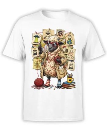 White T-shirt featuring a sheep investigator in red glasses with yarn, clue cards, and mysterious symbols