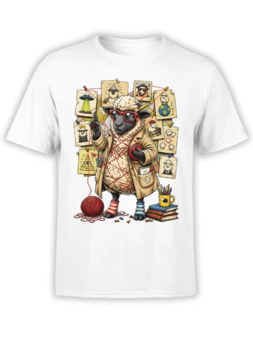 White T-shirt featuring a sheep investigator in red glasses with yarn, clue cards, and mysterious symbols