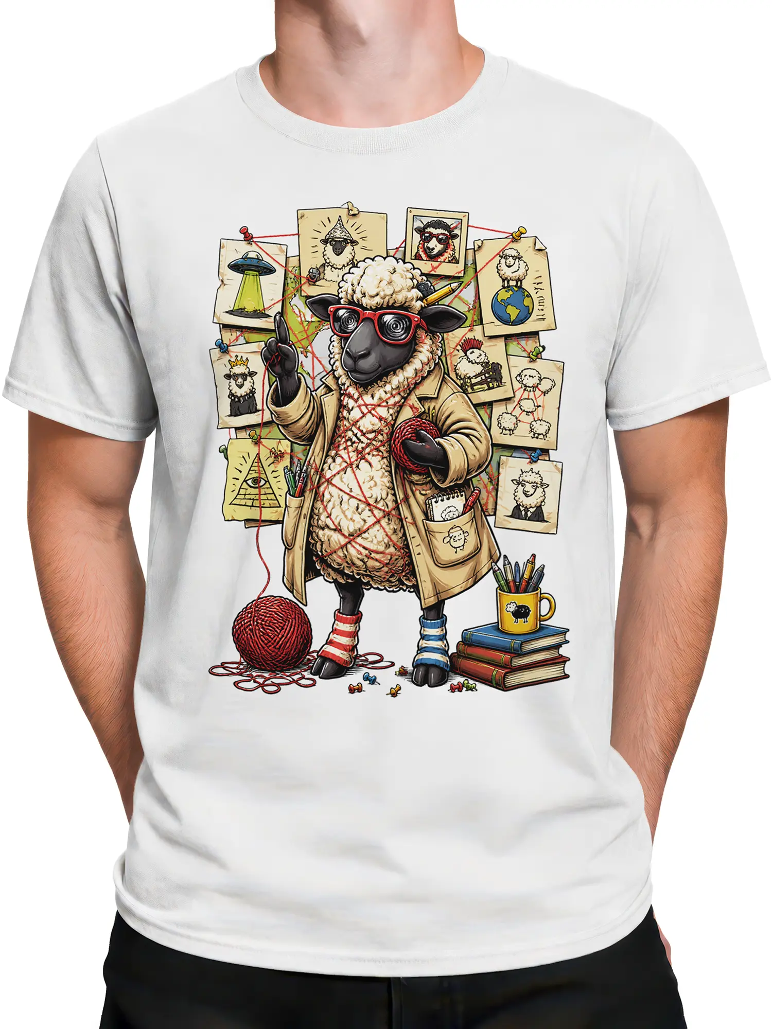 Male torso wearing a white sheep investigator T-shirt with red glasses, yarn, clue cards, and strange symbols
