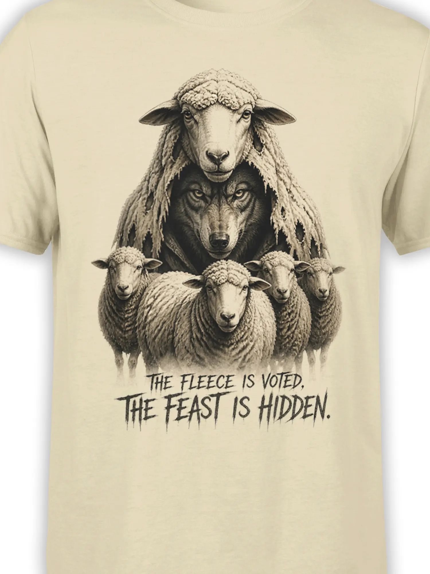 Close-up of the sheep and wolf flock design printed on a beige T-shirt with a hidden-feast message