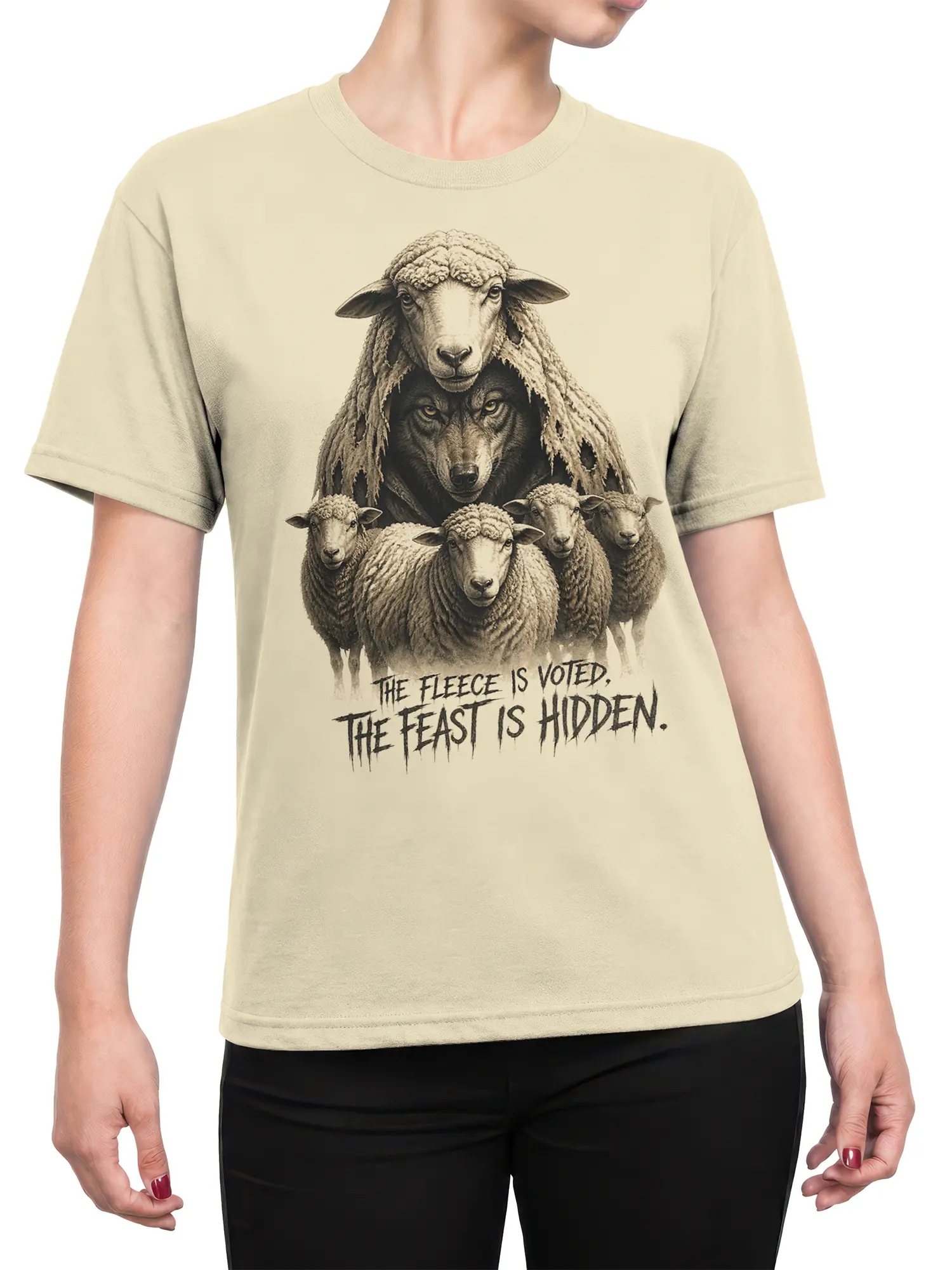 Female torso wearing a beige sheep and wolf graphic T-shirt with vintage animal artwork and dark farm humor