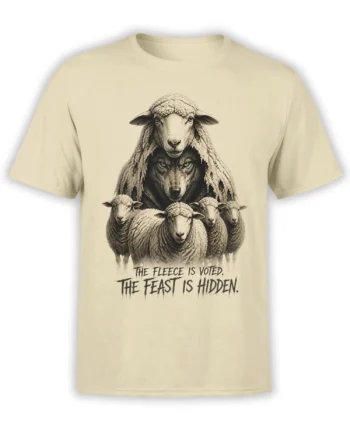 Beige sheep and wolf T-shirt with vintage flock artwork and the phrase The Fleece Is Voted, The Feast Is Hidden