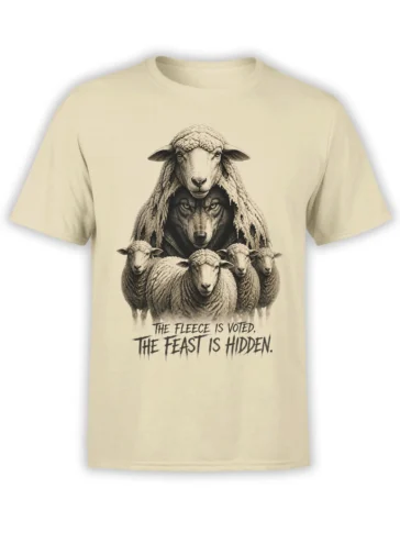 Beige sheep and wolf T-shirt with vintage flock artwork and the phrase The Fleece Is Voted, The Feast Is Hidden