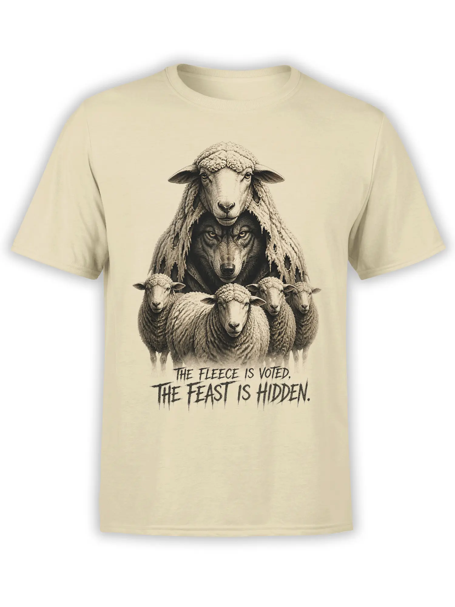 Beige sheep and wolf T-shirt with vintage flock artwork and the phrase The Fleece Is Voted, The Feast Is Hidden