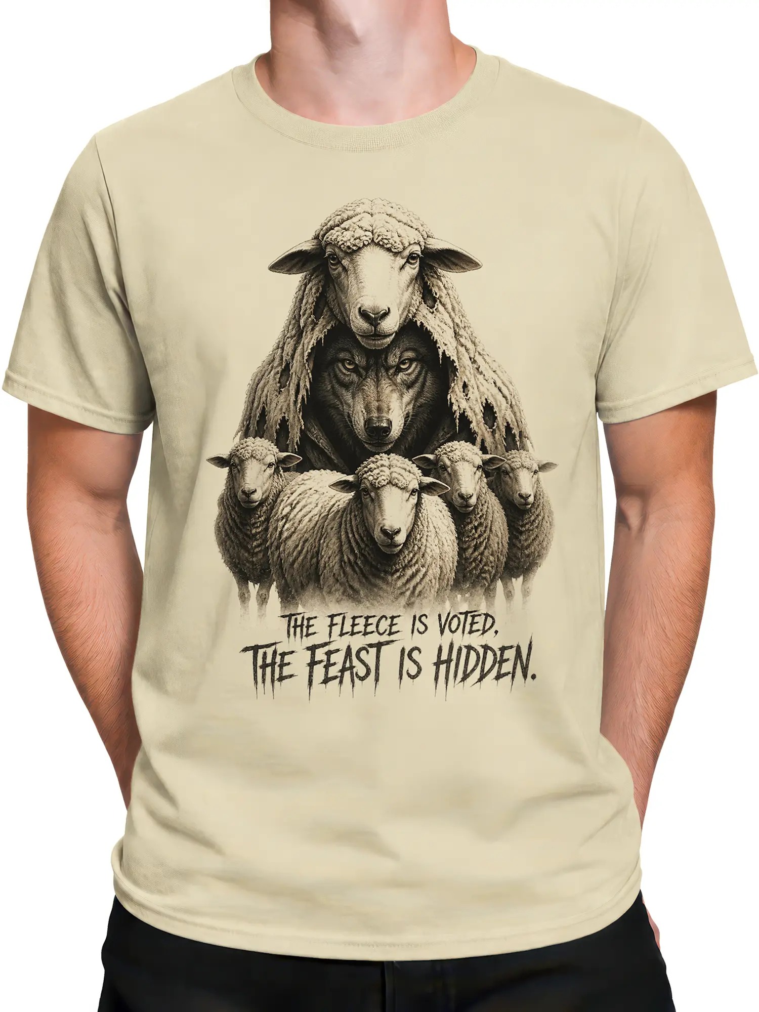 Male torso wearing a beige sheep and wolf T-shirt with a monochrome flock design and clever hidden-feast slogan
