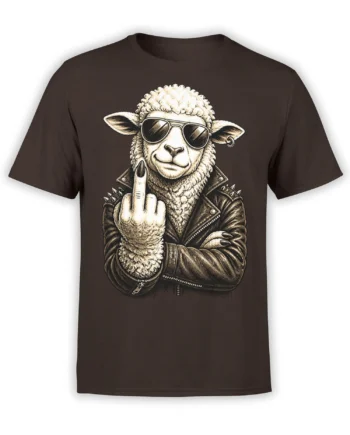 Rebellious sheep wearing sunglasses and a leather jacket on a brown T-shirt