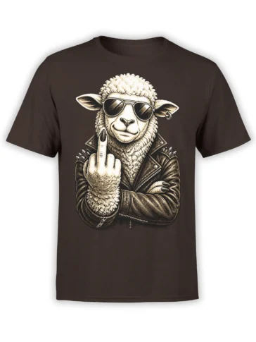 Rebellious sheep wearing sunglasses and a leather jacket on a brown T-shirt