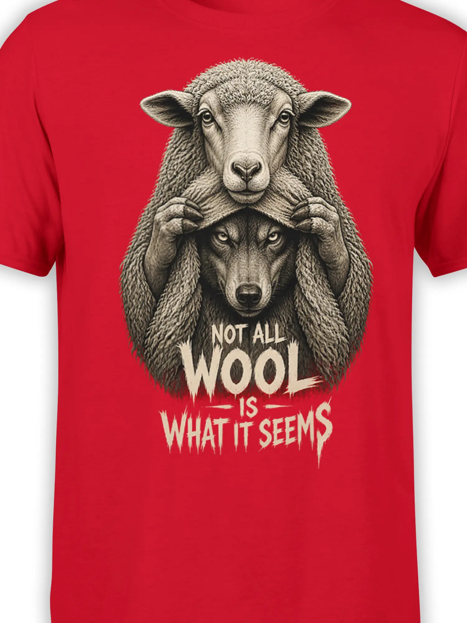 Close-up of the sheep and hidden wolf artwork on a red animal graphic T-shirt