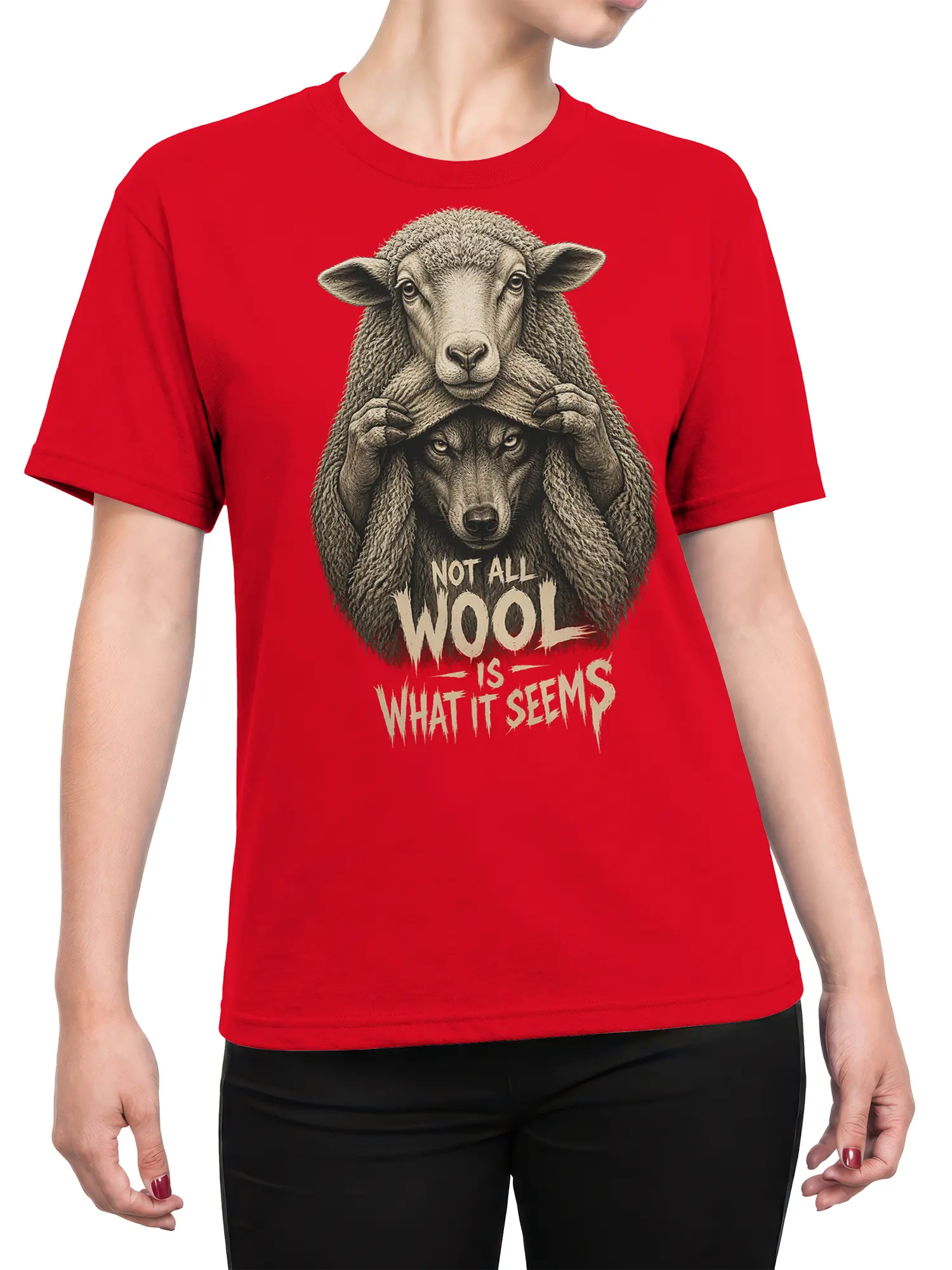 Female torso wearing a red sheep and wolf graphic tee with a mysterious animal design