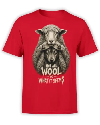 Red sheep and wolf T-shirt showing a sheep opening its wool to reveal a hidden wolf