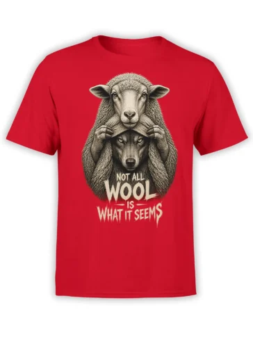Red sheep and wolf T-shirt showing a sheep opening its wool to reveal a hidden wolf