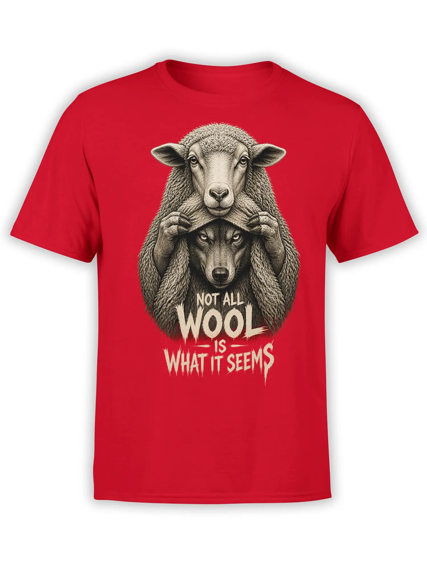 Red sheep and wolf T-shirt showing a sheep opening its wool to reveal a hidden wolf