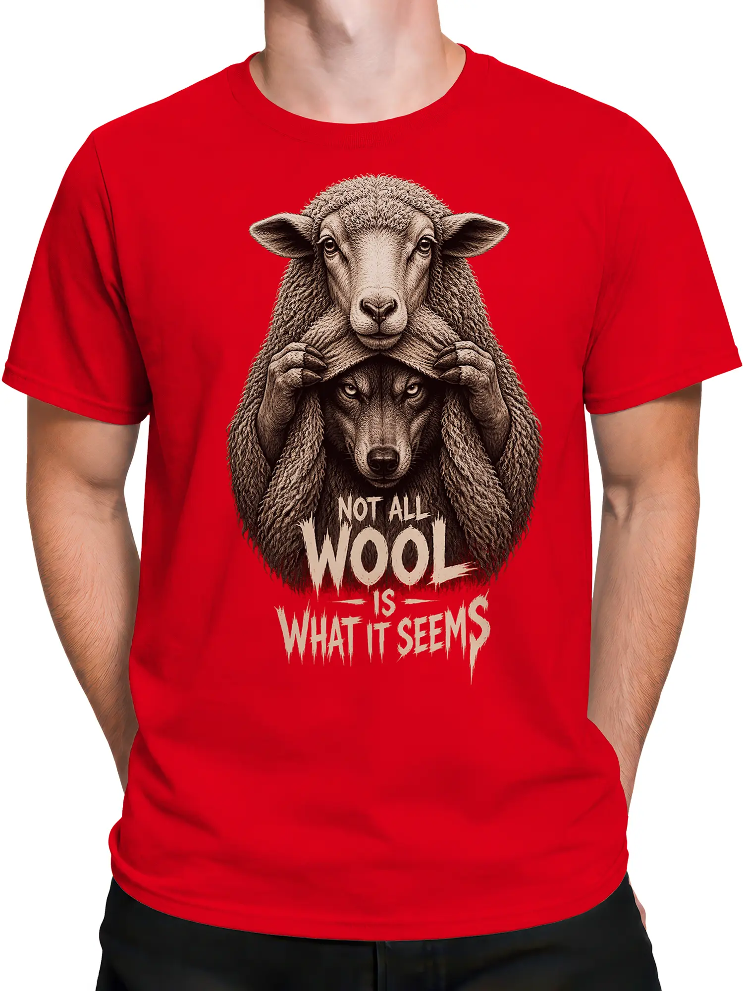 Male torso wearing a red sheep and wolf graphic tee with vintage-style animal artwork