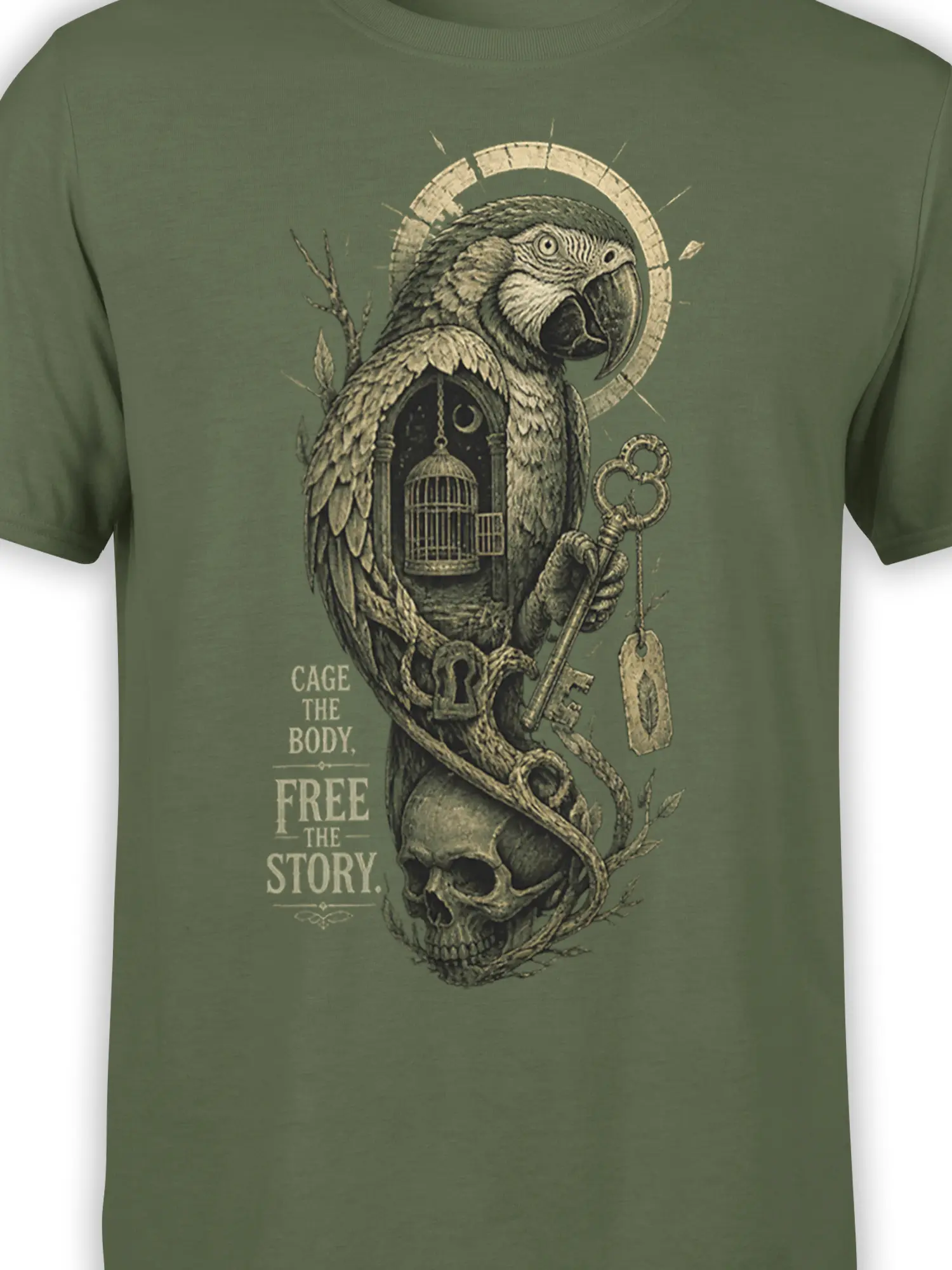 Close-up of olive green parrot graphic with cage, antique key, skull, and vintage engraving details