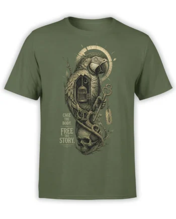 Vintage parrot T-shirt in olive green with a cage, antique key, skull, and freedom quote