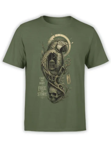 Vintage parrot T-shirt in olive green with a cage, antique key, skull, and freedom quote