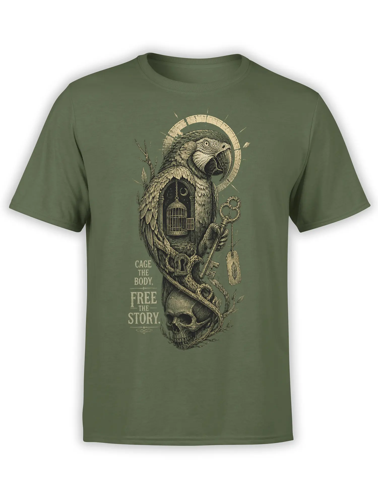 Vintage parrot T-shirt in olive green with a cage, antique key, skull, and freedom quote