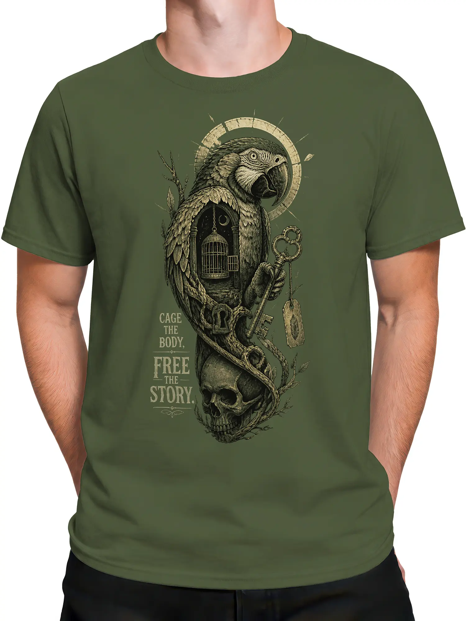 Male torso wearing an olive green T-shirt with vintage parrot, cage, key, and skull artwork