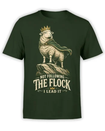 Crowned sheep in a flowing cape with “Not Following the Flock” slogan on a dark green T-shirt