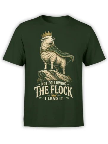 Crowned sheep in a flowing cape with “Not Following the Flock” slogan on a dark green T-shirt