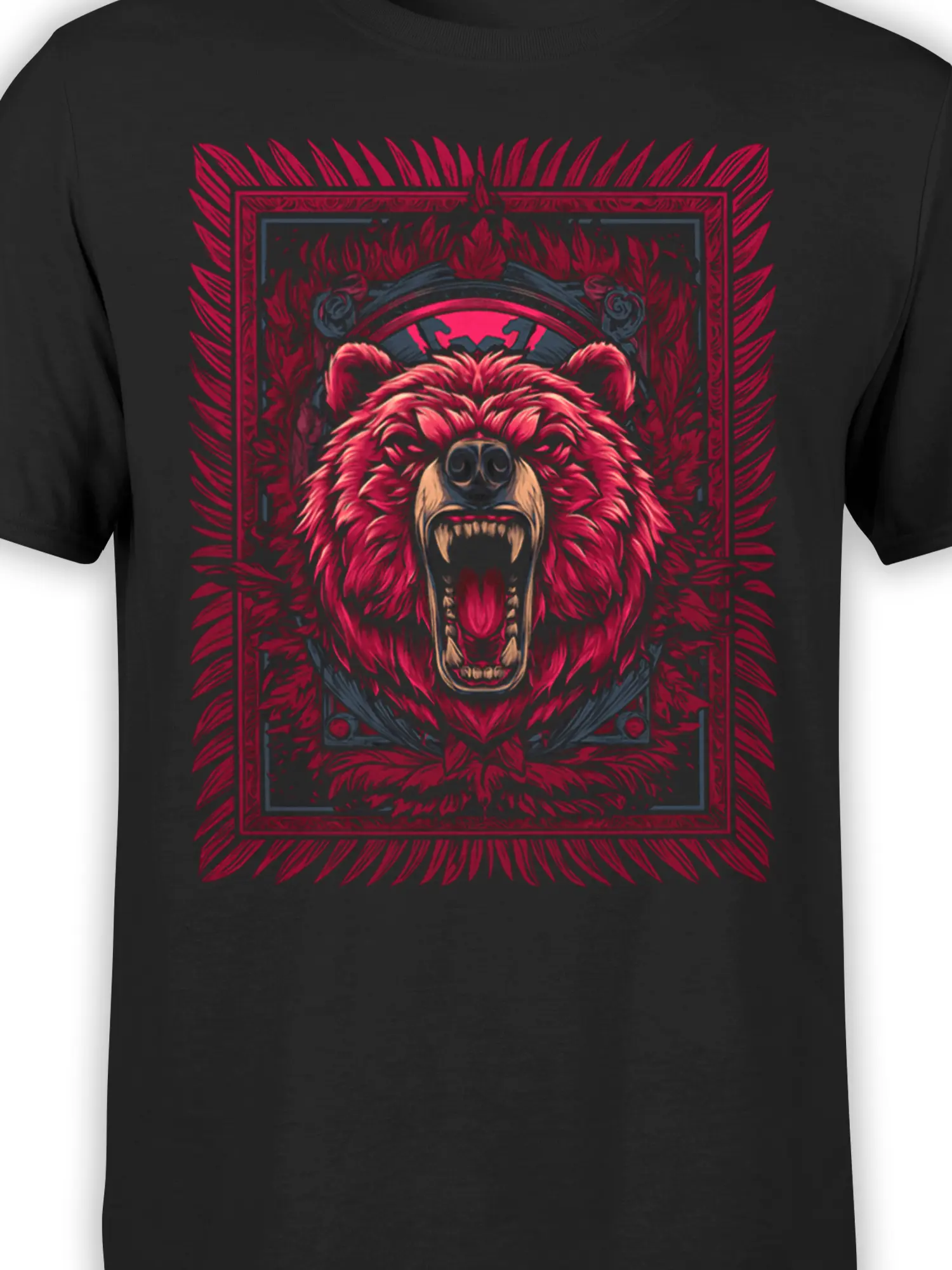 Close-up of roaring red bear artwork with sharp teeth and ornate details on black fabric