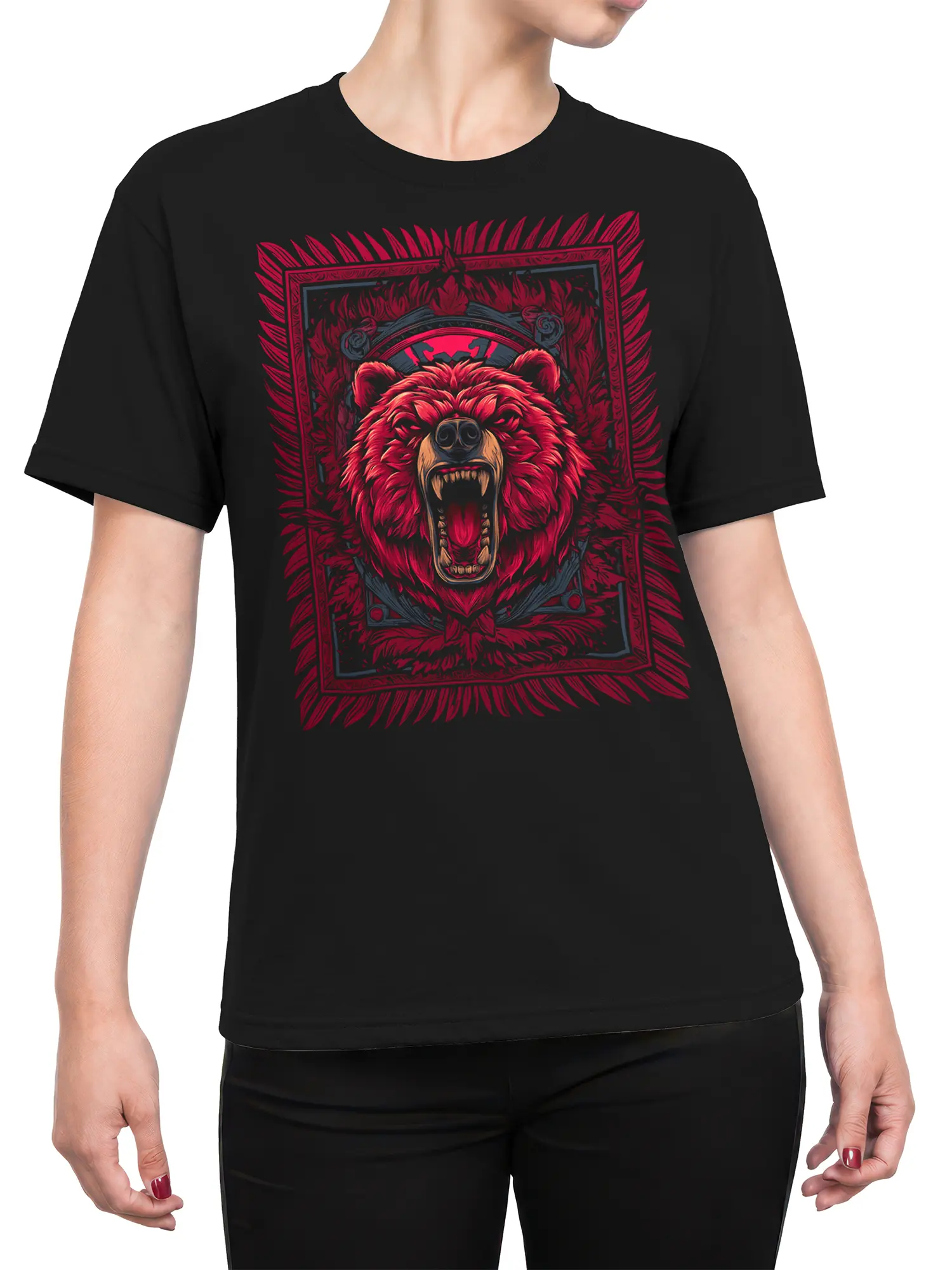 Female torso wearing a black T-shirt with bold red roaring bear artwork