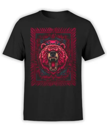 Roaring bear with vivid red fur and ornate frame printed on a black T-shirt