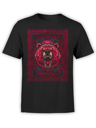Roaring bear with vivid red fur and ornate frame printed on a black T-shirt
