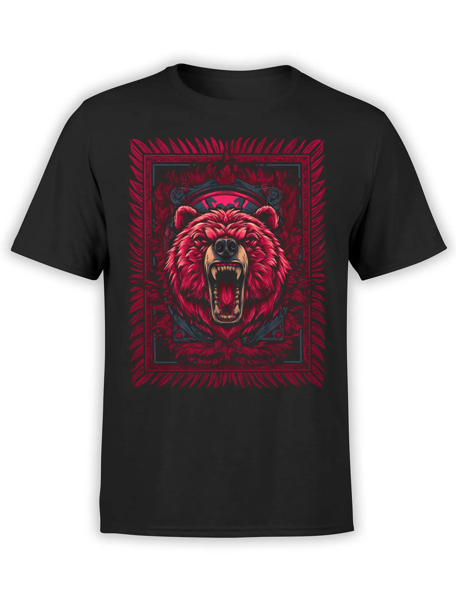 Roaring bear with vivid red fur and ornate frame printed on a black T-shirt