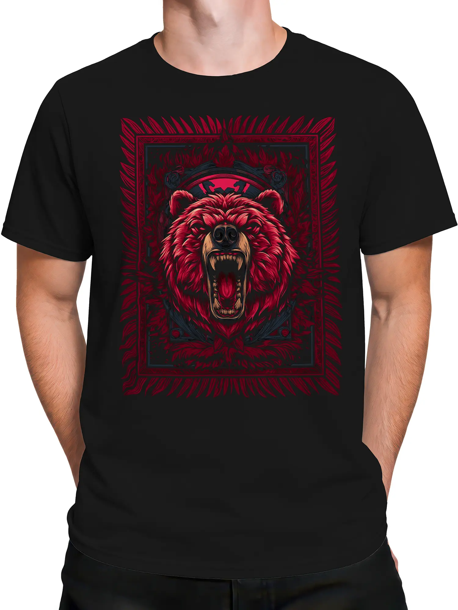 Male torso wearing a black T-shirt with vivid red roaring bear design