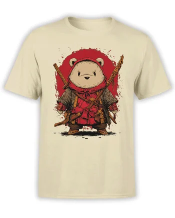 Beige T-shirt featuring a determined bear warrior in red robes with crossed swords and rustic armor