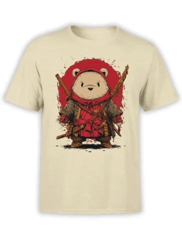 Beige T-shirt featuring a determined bear warrior in red robes with crossed swords and rustic armor